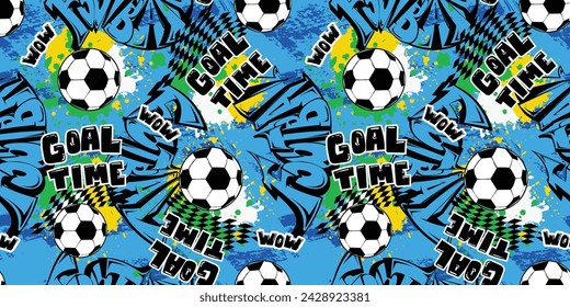 Abstract seamless football pattern with graffiti lettering background. Soccer Ball ornament with grunge brush splatters in Brazil football colors. Print for boy, sport textile, clothes, wrapping paper