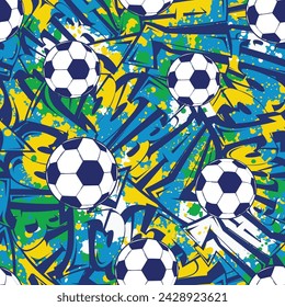 Abstract seamless football pattern with graffiti lettering background. Soccer Ball ornament with grunge brush splatters in Brazil football colors. Print for boy, sport textile, clothes, wrapping paper