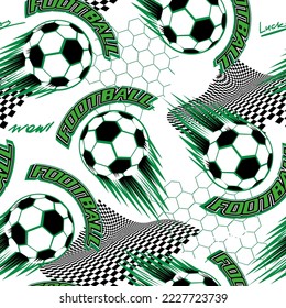 Abstract seamless football pattern in green, black and white colors. Soccer ball repeat ornament. Sport repeated ornament for textile, fashion clothes, wrapping paper. 