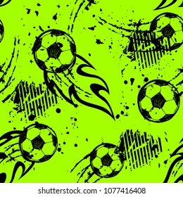 Abstract seamless football pattern. Grunge urban repeated backdrop with soccer ball, shabby line, textured background, spray paint ink, track silhouette. monochrome sportish wallpaper for boy, textile