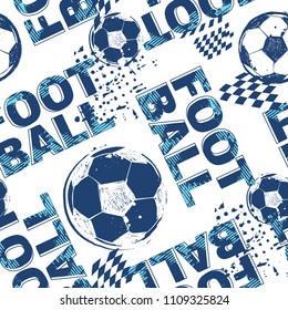 Abstract seamless football pattern. Grunge urban repeated backdrop for boy, sport textile, clothes, wrapping paper. Grungy textured wall. Sportish elements. Monochrome blue and white  background