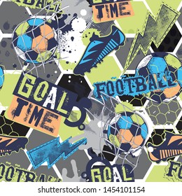 Abstract seamless   football pattern. Grunge textured wallpaper. Geometrical repeated backdrop for boy, sport textile, clothes,