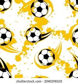 Abstract seamless football pattern. Grunge textured repeat sport print. Black and yellow soccer ball repeated ornament on white background with spray paint ink.