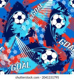 Abstract seamless football pattern. Grunge textured repeat sport print. Blue and oranga grunge ornament with soccer ball, hexagone grid, boy player silhouette and word Goal.