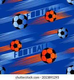 Abstract seamless football pattern. Repeat soccer ball print with motion line back and text. Sport repeated textile.