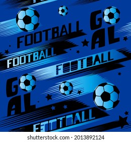 Abstract seamless football pattern. Repeat soccer ball print with motion line back and text. Sport repeated textile.

