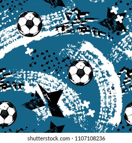 Abstract seamless football pattern with shabby brush track silhouette and cracked stars, dots, bite elements. Grunge sport repeated backdrop. Urban wallpaper for boy, textile, clothes, wrapping paper 