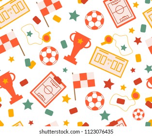Abstract seamless football pattern with soccer elements. Vector football cup 2018 illustration in a flat style for backgrounds and wallpapers