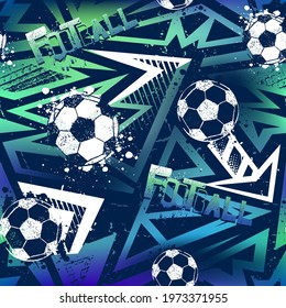 Abstract seamless football pattern with soccer ball and repeat geometric background. Grunge sport repeated print for textile, boy clothes, wrapping paper.