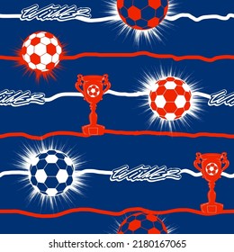 Abstract seamless football pattern with soccer ball, repeat line background, winner cup. Endless linear ornament in blue and orange colors. 