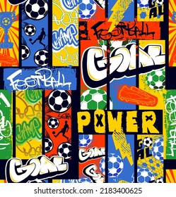 Abstract seamless football pattern with soccer ball,  players men, grid, lightning, graffiti words, winner cup. geometric sport repeat print. Sportish repeated backdrop for boy clothes, wrapping paper