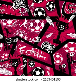 Resumen de un patrón de fútbol sin fisuras con balón de fútbol, jugadores hombres silueta, rejilla, graffiti palabras. fondo de pantalla del deporte de grunge. Esportismo de fondo repetido para niños, textiles, ropa, papel de envoltura.