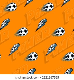 Abstract seamless football pattern with soccer ball on orange background and text Power drawing in school teenager style. Sport repeat print for textile, boy clothes, wrapping paper.