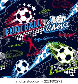 Abstract seamless football pattern with soccer ball, hexagone grid, lightning sign, text Best game, Power, linear footballing shoes illustration, footballer menwith cup  silhouette. Sport repeat print