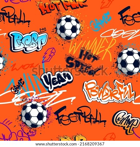 Abstract seamless football pattern. Soccer ball repeat print on orange background and graffiti words.