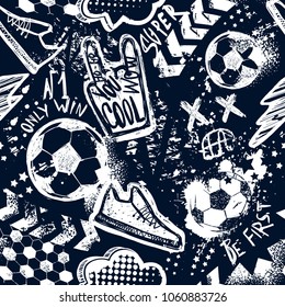 Abstract Seamless Football Pattern. Sport Background. Grunge Style Repeated Backdrop For Boy, Sport Textile, Clothes,wrapping Paper. Monochrome Background With Hand Sign, Cool, Lightning, Dots