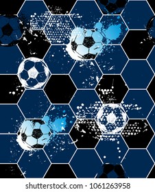 Abstract seamless football pattern. Sport background. Grunge style repeated backdrop for boy, sport textile, clothes,wrapping paper. monochrome background with hand spray paint ink, dots, soccer ball