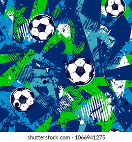 Abstract seamless football pattern. Sport game wallpaper. Set of Soccer ball on grunge urban background,curved lines, shabby shape texture,  spray paint ink elements. boy repeated backdrop