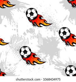 Abstract seamless football pattern. Sport game wallpaper. Set of Soccer ball on grunge urban background,curved lines, shabby shape texture,  spray paint ink elements. boy repeated backdrop