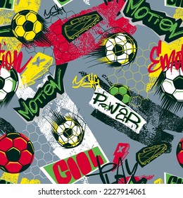 Abstract seamless football pattern with text Motion, power, cool play. Soccer ball repeat print on grunge background. Sport repeated ornament for textile, boy clothes, wrapping paper. 