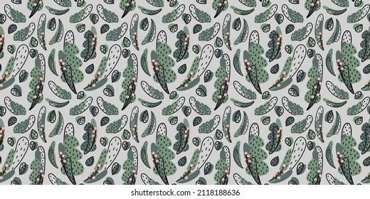 Abstract seamless forest pattern of Christmas trees, leaves, flowering plants and flowers on a light gray background in the Scandinavian style. For nursery decor, wallpaper, fashion, packaging. Vector