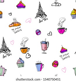 Abstract seamless French pattern design My  best Paris morning. Repeated print with Eiffel towers, croissant, cup of tea, coffee, hearts. sketch style repeats ornamet.