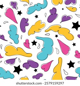 Abstract seamless Fun colorful pattern with black stars, right spots on white background in doodle style. Simple playful print for birthday party, wrapping paper, textile, child clothes.