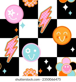 Abstract seamless funny pattern with colourful smile faces, flowers and lightning on checkered  background. Retro groovy retro style