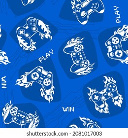 Abstract seamless game pad pattern on blue technology background. Gamer repeat print for boy, textile, wrapping paper