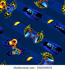 Abstract seamless gamepad pattern. Joystick with fire track and lightning repeat print for sport textile, clothes, wrapping paper. Keep away letttering composition. Gaming elements ornament