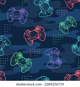 Abstract seamless gamepad pattern on military background. Red and blue Camouflage endless ornament for sport textile, fashion clothes, wrapping paper. American colors cover print. Gaming wallpaper