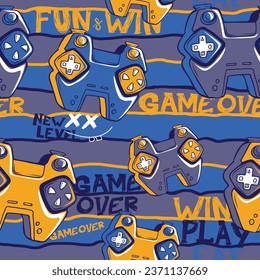 Abstract seamless gamepad pattern on linear background with hand written text Game over, win, play, fun. Grey and blue line wallpaper with yellow  gamepads. Gaming ornament.
