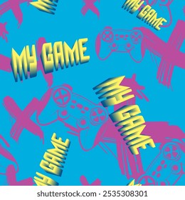Abstract seamless gamepad pattern on blue background with cross sign graffiti. Gaming print. Linear gamepad wallpaper for sport textile, clothes, wrapping paper.