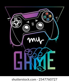 Abstrato padrão de gamepad sem emenda com texto Meu jogo uma mão no fundo preto, sinal de triângulo de néon. Impressão em T com gamepad. Design de camiseta para menino