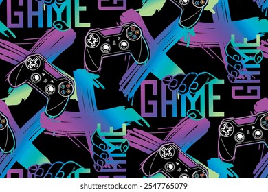 Abstraktes, nahtloses Gamepad-Muster mit Text Mein Spiel und die Hand auf schwarzem Hintergrund, Neon-Dreieck-Zeichen. T-Print mit Gamepad. T-Shirt-Design für Jungen