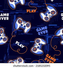Abstract seamless gamepads pattern. Game pads repeat print on digital technology endless background. Text Game over, Play. Digitally repeated wallpaper for boy clothes, sport textile, wrapping paper