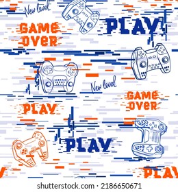 Abstract seamless gamepads pattern. Game pads repeat print on digital technology endless background. Text Game over, Play. Digitally repeated wallpaper for boy clothes, sport textile, wrapping paper