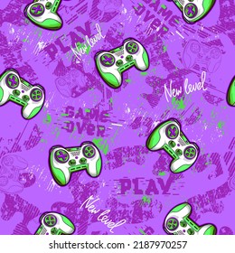 Abstract seamless gamepads pattern. Game pads repeat print on digital purple endless background. Digital Text Game over, Play. Gaming repeated wallpaper for boy clothes, sport textile, wrapping paper