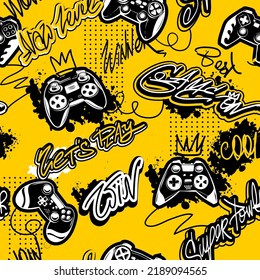 Abstract seamless gamepads pattern. Game pads repeat print on graffiti yellow endless background. Street art style Text Game on, let's Play. Gaming repeated wallpaper for boy clothes, sport textile