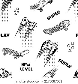 Resumen del patrón de gamepads sin fisuras al estilo Grunge. Repite la impresión. Las palabras juegan, nuevo nivel, super. Ornamento repetido en el tablero de patines.