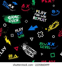 Abstract seamless gamepads pattern with lightnings and text New level, game over, play. Cartoon game pads repeat ornament. Gaming cover print for sport textile, wrapping paper.