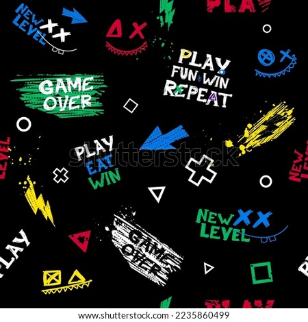 Abstract seamless gamepads pattern with lightnings and text New level, game over, play. Cartoon game pads repeat ornament. Gaming cover print for sport textile, wrapping paper.