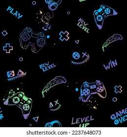 Abstract seamless gamepads pattern on grey digital background with dots, geometric elements, lightnings. Cartoon game pads repeat ornament. Gaming cover print for sport textile, wrapping paper.