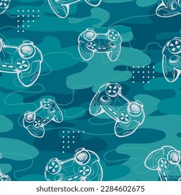 Abstract seamless gamepads pattern on blue camouflage background. Linear game pads repeat print on military wall. Gaming endless ornament for sport textile. Gamer wrapping paper with camo wall.