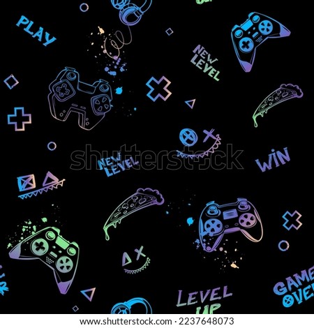 Abstract seamless gamepads pattern on grey digital background with dots, geometric elements, lightnings. Cartoon game pads repeat ornament. Gaming cover print for sport textile, wrapping paper.