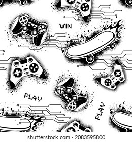 Abstract seamless gamepads pattern. Teenagers repeat print for sport textile, clothes, wrapping paper. Skateboards repeated ornament.