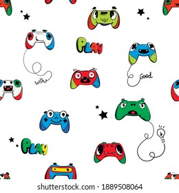 Abstract seamless gamepads vector pattern. Cartoon character faces with happy emotions. Teenagers repeats print for boy, sport textile, clothes, wrapping paper.
