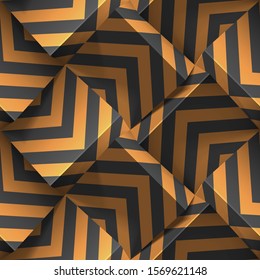 Abstract seamless geaometric pattern. Realistic 3d cubes from black paper with bronze strips. Vector template for wallpapers, textile, fabric, wrapping paper, backgrounds. Texture with volume effect.