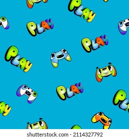 Abstract seamless gemepads pattern drawing in cartoon style for kid textile, boy clothes, wrapping paper. Cartoon character game pad repeat print. Gaming repeated ornament