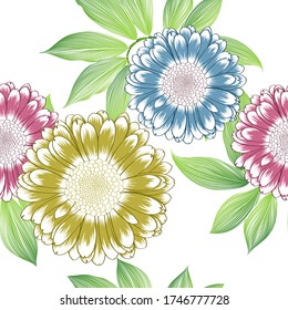 Abstract seamless gentle floral  pattern with gerbera flowers and bright leaves. Vector element for the design of wallpaper for walls, packaging.